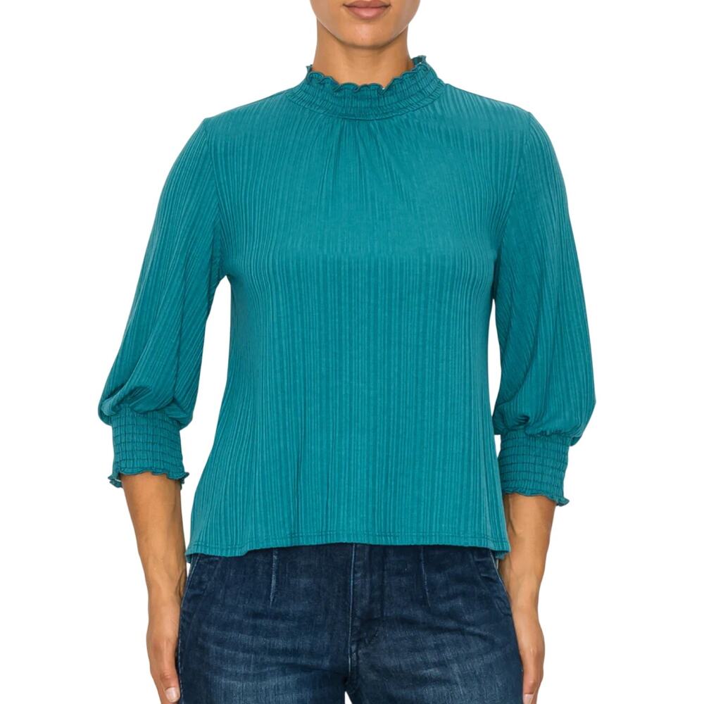 W5 Blouse Shaded Spruce Ribbed Texture Smocked 3/4 Sleeves Green Women's Medium